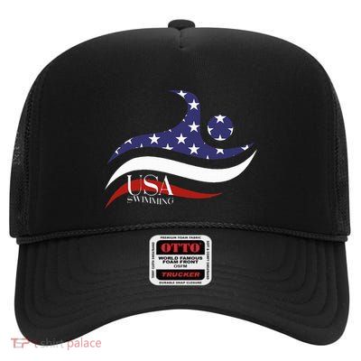 Patriotic American Flag Swimming Usa Gift Swim Team High Crown Mesh Back Trucker Hat