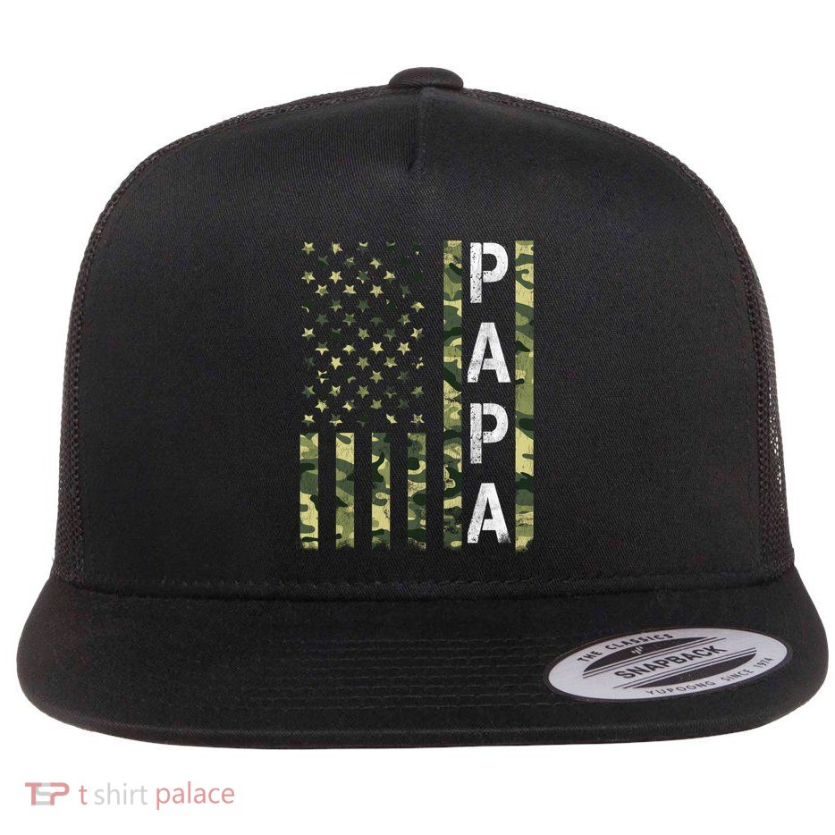 Papa American Flag Proud Dad Fathers Day Gift Flat Bill Trucker Hat