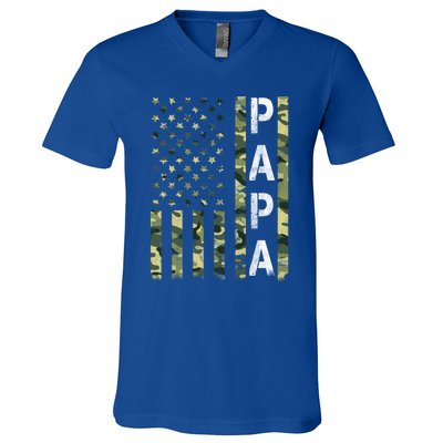 Papa American Flag Proud Dad Fathers Day Gift V-Neck T-Shirt