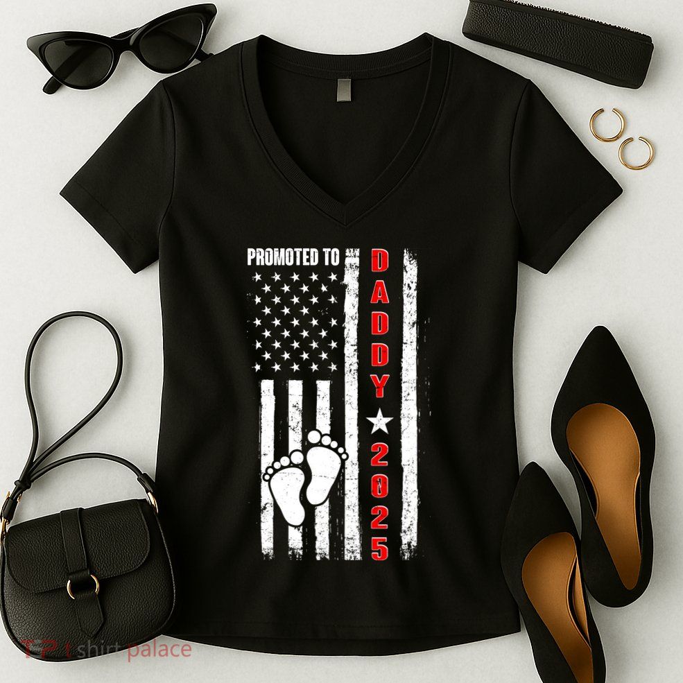Patriotic American Flag Promoted To Daddy 2025 Women's V-Neck T-Shirt