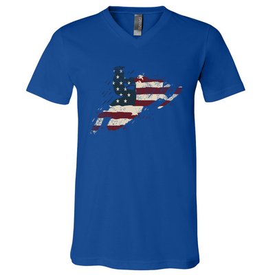 Proud American Flag Snowmobiling Gift Snowmobile Riding Gift V-Neck T-Shirt