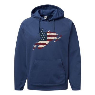 Proud American Flag Snowmobiling Gift Snowmobile Riding Gift Performance Fleece Hoodie