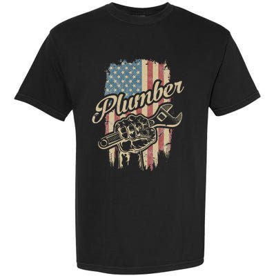 Plumber American Flag Plumbing Gift Pipe Wrench Patriotic Garment-Dyed Heavyweight T-Shirt