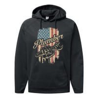 Plumber American Flag Plumbing Gift Pipe Wrench Patriotic Performance Fleece Hoodie