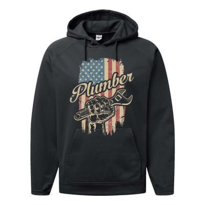 Plumber American Flag Plumbing Gift Pipe Wrench Patriotic Performance Fleece Hoodie