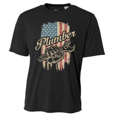 Plumber American Flag Plumbing Gift Pipe Wrench Patriotic Cooling Performance Crew T-Shirt