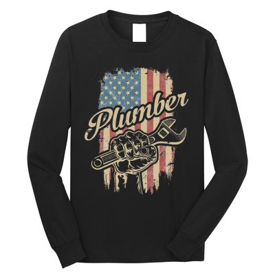 Plumber American Flag Plumbing Gift Pipe Wrench Patriotic Long Sleeve Shirt