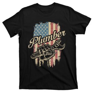 Plumber American Flag Plumbing Gift Pipe Wrench Patriotic T-Shirt