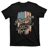 Plumber American Flag Plumbing Gift Pipe Wrench Patriotic T-Shirt