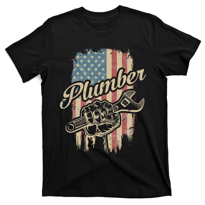 Plumber American Flag Plumbing Gift Pipe Wrench Patriotic T-Shirt