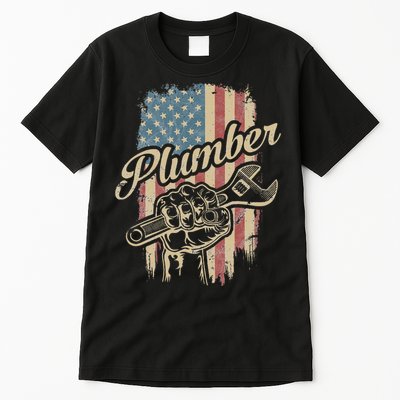 Plumber American Flag Plumbing Gift Pipe Wrench Patriotic Tall T-Shirt