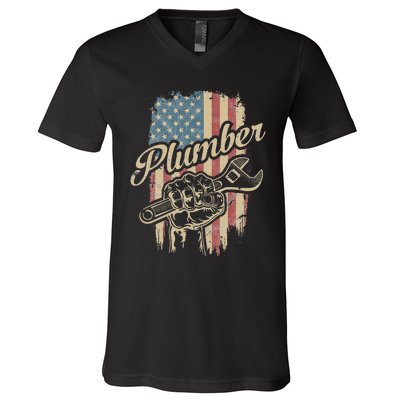 Plumber American Flag Plumbing Gift Pipe Wrench Patriotic V-Neck T-Shirt