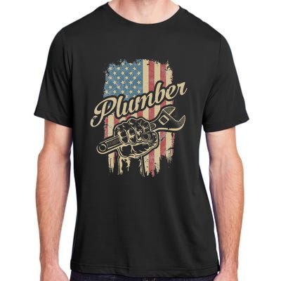 Plumber American Flag Plumbing Gift Pipe Wrench Patriotic Adult ChromaSoft Performance T-Shirt