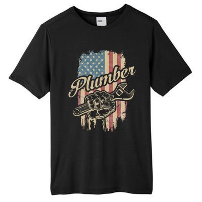 Plumber American Flag Plumbing Gift Pipe Wrench Patriotic Tall Fusion ChromaSoft Performance T-Shirt