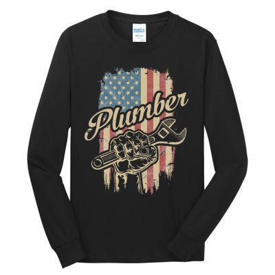 Plumber American Flag Plumbing Gift Pipe Wrench Patriotic Tall Long Sleeve T-Shirt