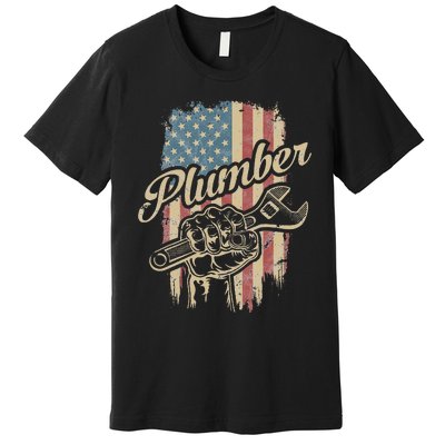 Plumber American Flag Plumbing Gift Pipe Wrench Patriotic Premium T-Shirt