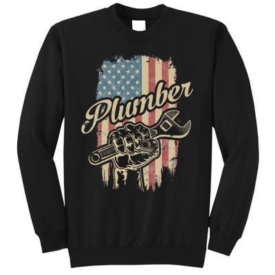 Plumber American Flag Plumbing Gift Pipe Wrench Patriotic Tall Sweatshirt