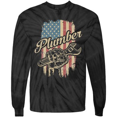 Plumber American Flag Plumbing Gift Pipe Wrench Patriotic Tie-Dye Long Sleeve Shirt