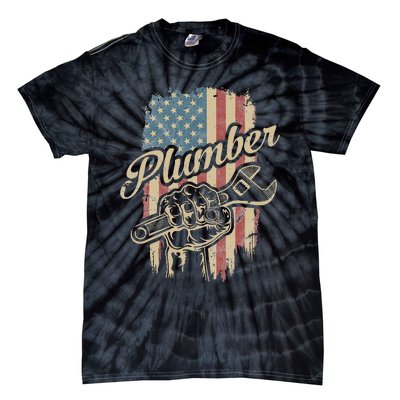 Plumber American Flag Plumbing Gift Pipe Wrench Patriotic Tie-Dye T-Shirt