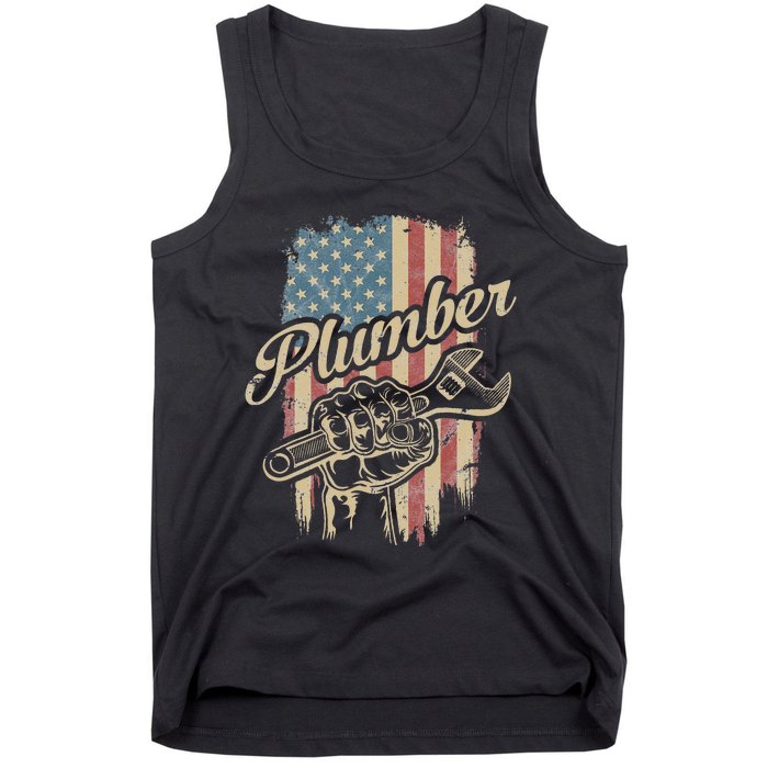 Plumber American Flag Plumbing Gift Pipe Wrench Patriotic Tank Top