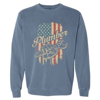 Plumber American Flag Plumbing Gift Pipe Wrench Patriotic Garment-Dyed Sweatshirt