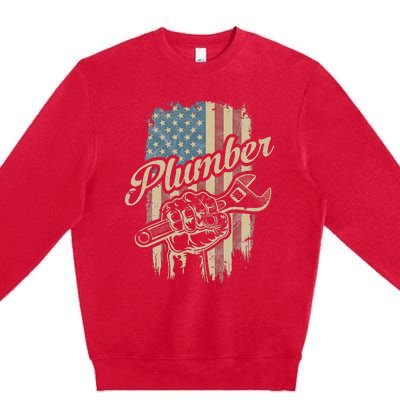 Plumber American Flag Plumbing Gift Pipe Wrench Patriotic Premium Crewneck Sweatshirt