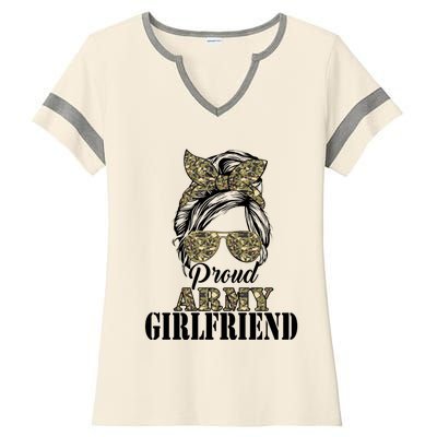 Proud Army Friend Camouflage Messy Bun Soldier Mothers Gift Ladies Halftime Notch Neck Tee