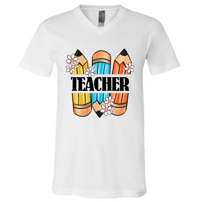 Pencil And Flower Back To School Graphic V-Neck T-Shirt