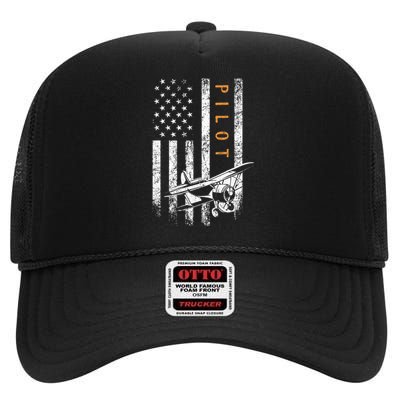 Pilot American Flag Airplane Design Aviation High Crown Mesh Back Trucker Hat