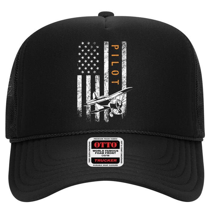 Pilot American Flag Airplane Design Aviation High Crown Mesh Back Trucker Hat