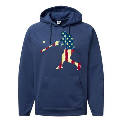 Patriotic American Flag Baseball Funny Gift Baseball Funny Gift Performance Fleece Hoodie