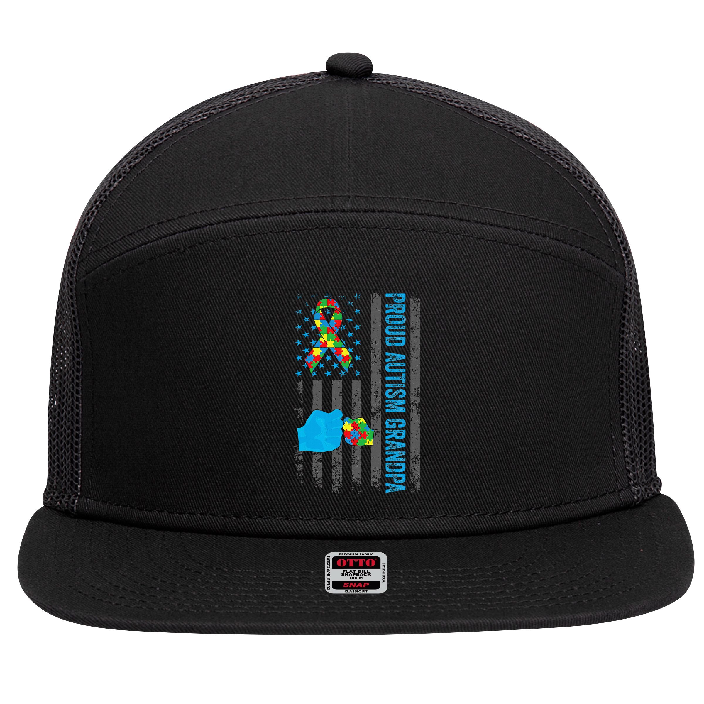 Proud Autism Grandpa American Flag Autism Awareness  7 Panel Mesh Trucker Snapback Hat