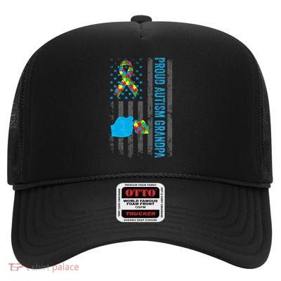 Proud Autism Grandpa American Flag Autism Awareness  High Crown Mesh Back Trucker Hat