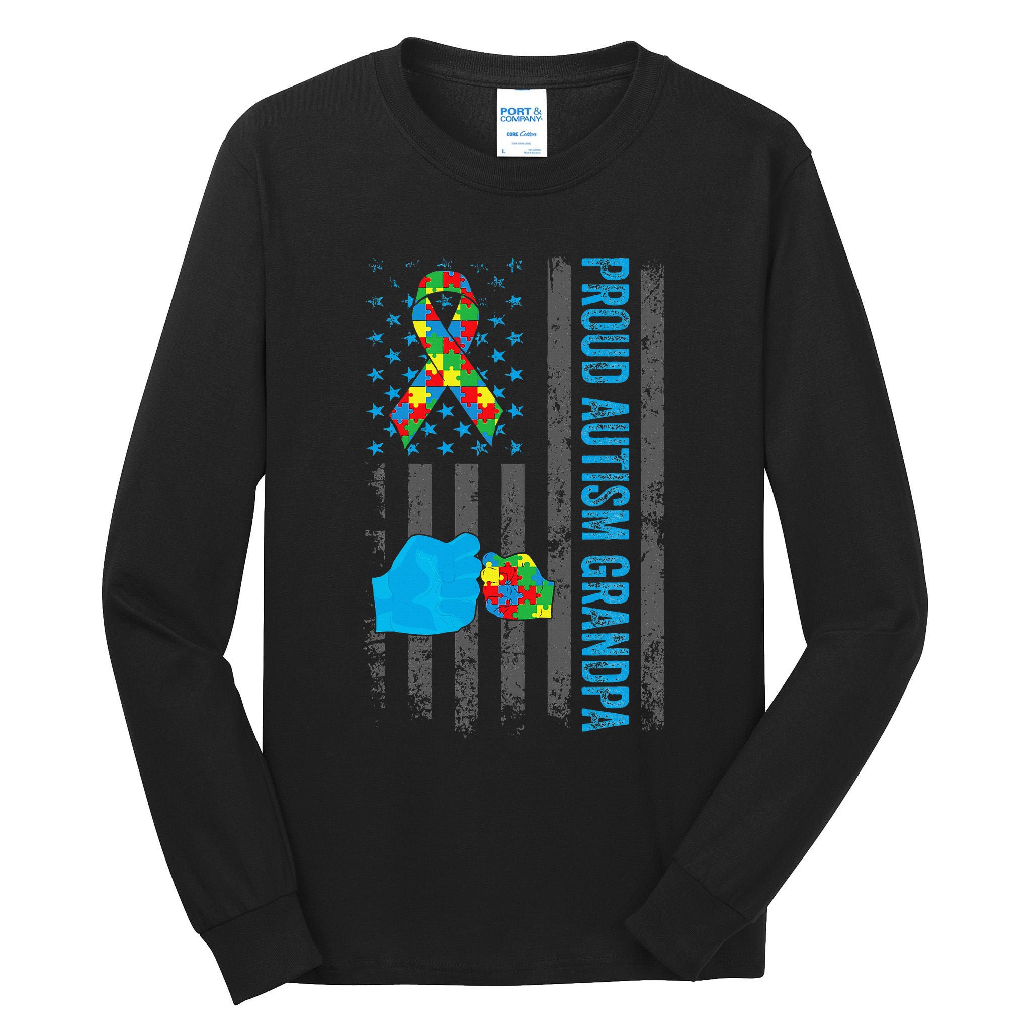 Proud Autism Grandpa American Flag Autism Awareness  Tall Long Sleeve T-Shirt