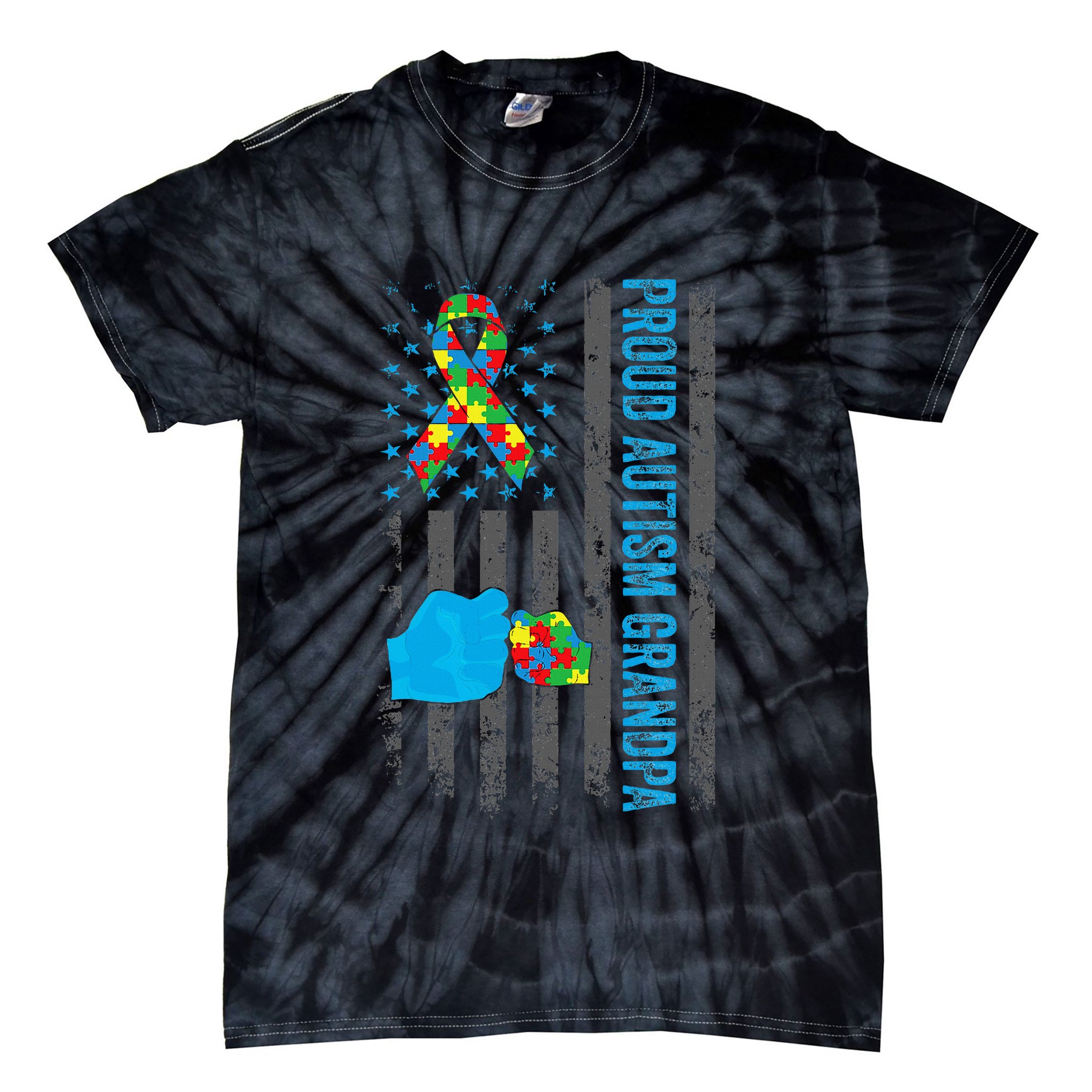 Proud Autism Grandpa American Flag Autism Awareness  Tie-Dye T-Shirt