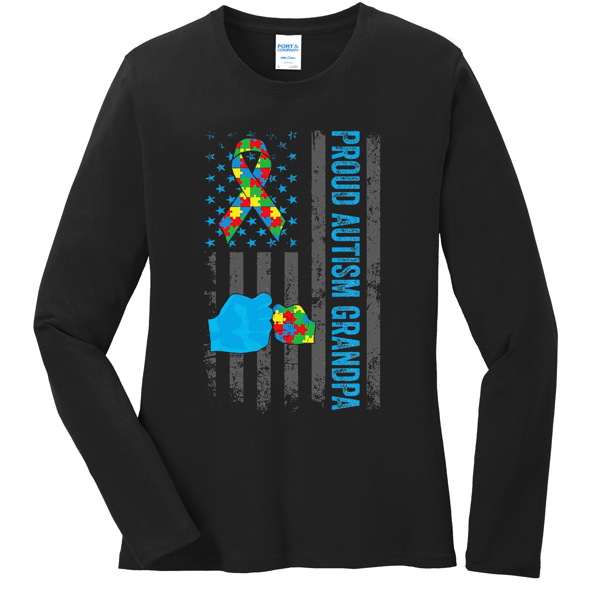 Proud Autism Grandpa American Flag Autism Awareness  Ladies Long Sleeve Shirt