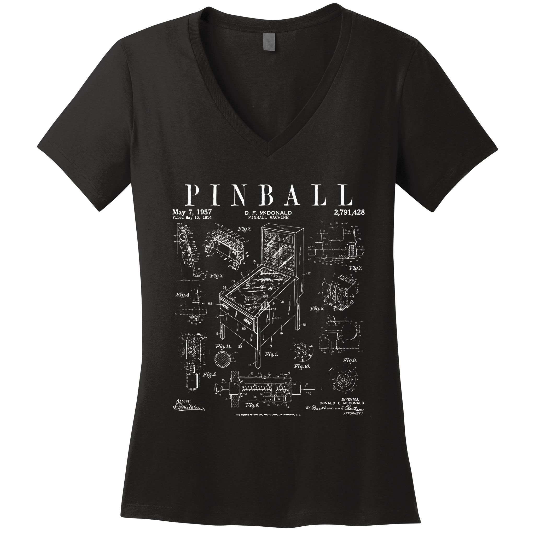 Pinball Arcade Gaming Machine Vintage Gamer Patent Print Women's V-Neck T-Shirt