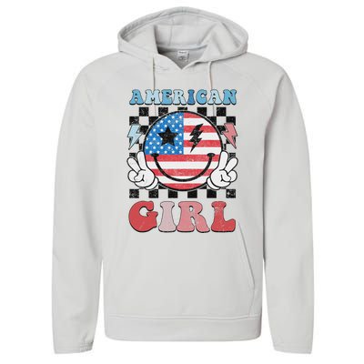 Patriotic American Girl 4th Of July Performance Fleece Hoodie