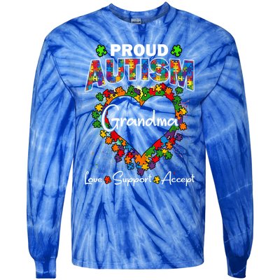 Proud Autism Grandma Love Support Accept Heart Cool Gift Tie-Dye Long Sleeve Shirt