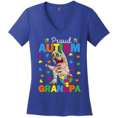 Proud Autism Grandpa Dinosaur Trex Autism Awareness Grandpa Gift Women's V-Neck T-Shirt