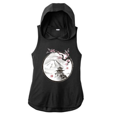 Pagoda Japanese Ink Painting Ladies PosiCharge Tri-Blend Wicking Draft Hoodie Tank