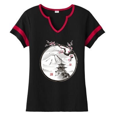 Pagoda Japanese Ink Painting Ladies Halftime Notch Neck Tee