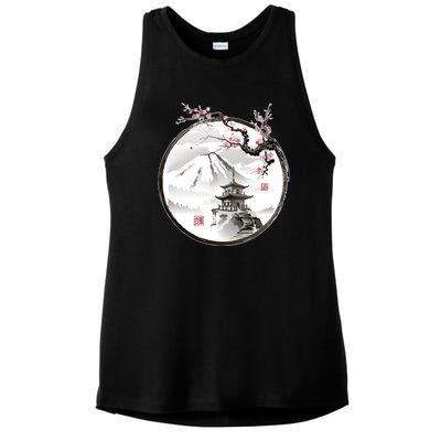 Pagoda Japanese Ink Painting Ladies PosiCharge Tri-Blend Wicking Tank