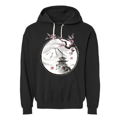 Pagoda Japanese Ink Painting Garment-Dyed Fleece Hoodie