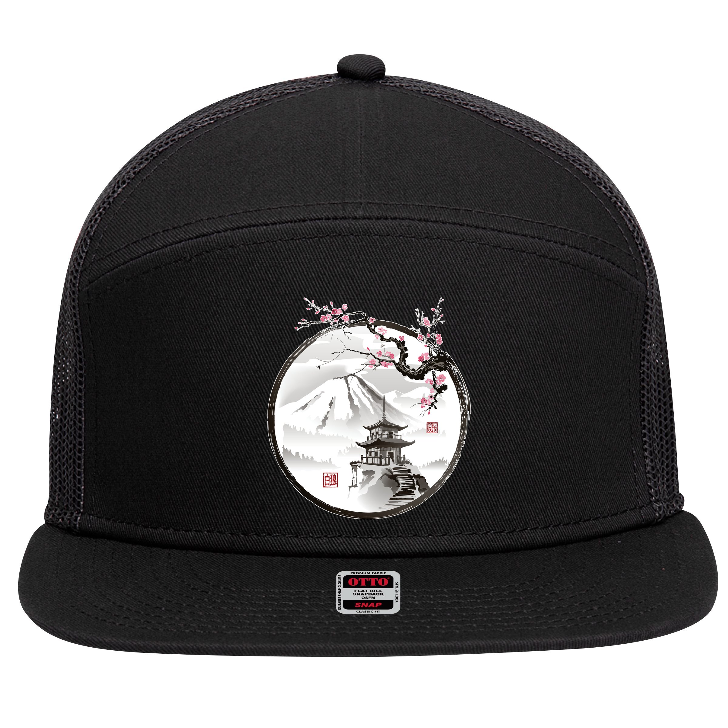Pagoda Japanese Ink Painting 7 Panel Mesh Trucker Snapback Hat