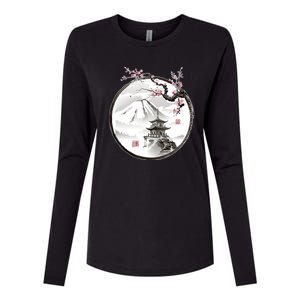 Pagoda Japanese Ink Painting Womens Cotton Relaxed Long Sleeve T-Shirt