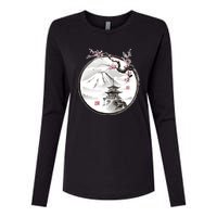 Pagoda Japanese Ink Painting Womens Cotton Relaxed Long Sleeve T-Shirt