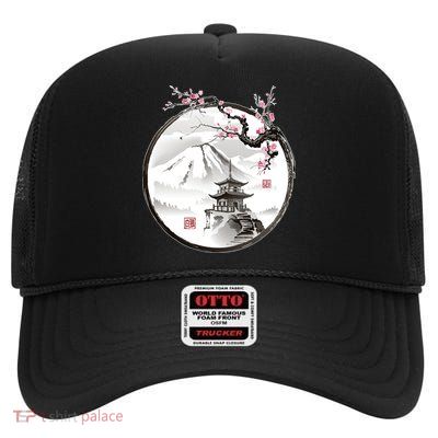 Pagoda Japanese Ink Painting High Crown Mesh Back Trucker Hat