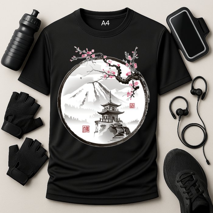 Pagoda Japanese Ink Painting Performance Shirt