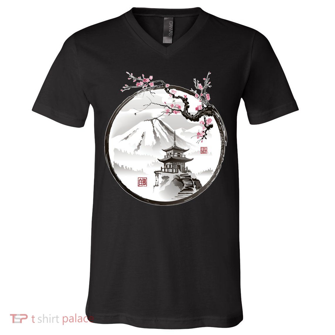 Pagoda Japanese Ink Painting V-Neck T-Shirt